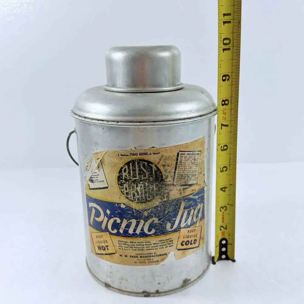 Vintage Faris Rust Proof Metal Picnic Jug Thermos W/ Drinking Cup & Handle 1960s